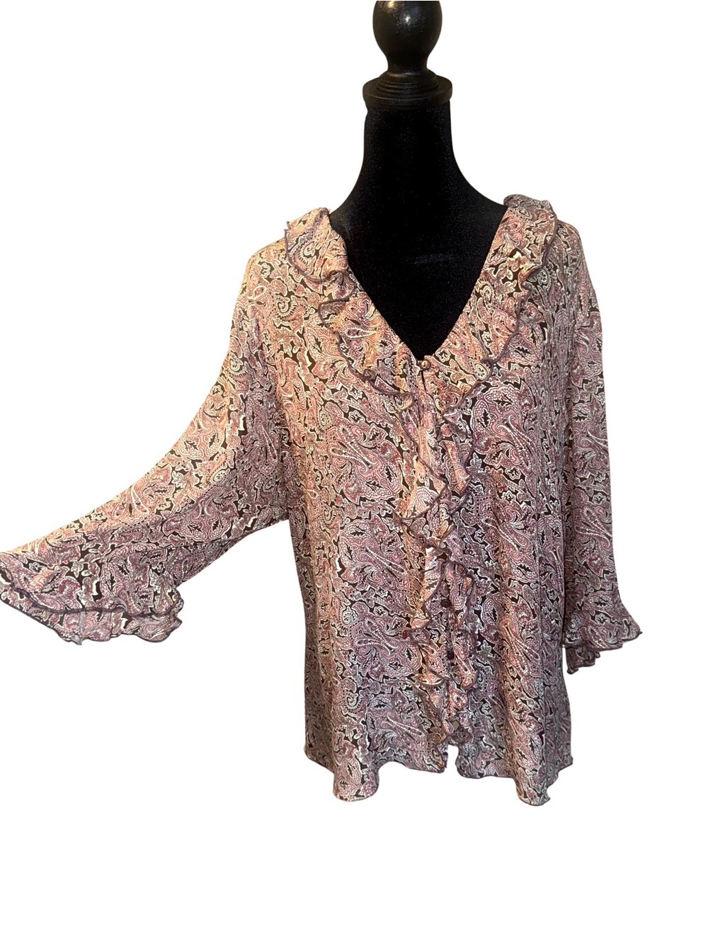 Lane Bryant 100% Silk Pink Paisley Ruffle V Neck Button Up Blouse 3/4 Sleeve